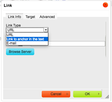 "Link to anchor in the text" selected in dropdown menu "Link Type"