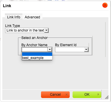 popup with options to select "by anchor name" and "By element id".  "By anchor name" has been selected and its dropdown menu includes the anchor name