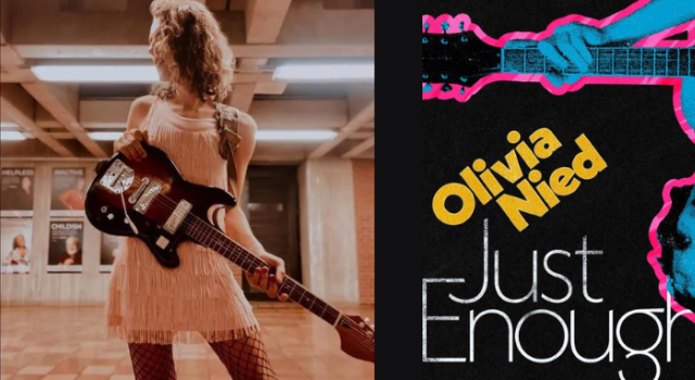 On the left: A photo of Olivia holding a guitar. On the right: The cover of Olivia's album "Just Enough."