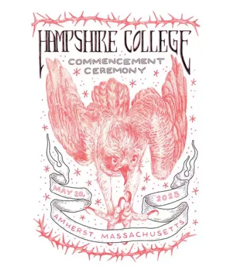 2023 Commencement Poster depicting a red bird with talons grasping a ribbon that says the date and location of Commencement. 