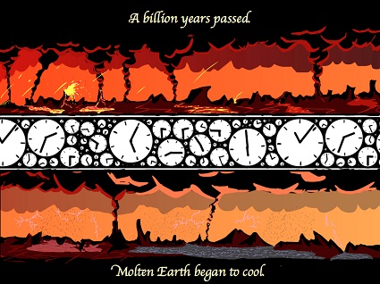 "A billion years passed. Molten Earth began to cool."