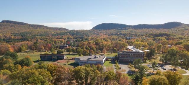 Drone shot of campus in the fall.