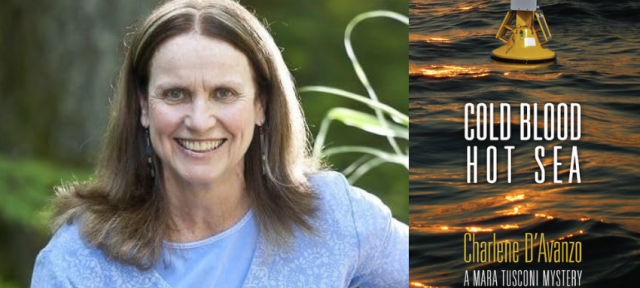 Charlene D'Avanzo, professor emerita of ecology, next to her book cover titled "Cold Blood Hot Sea"