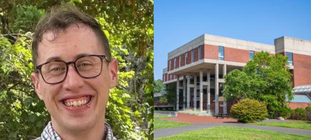 Dana Ahern's headshot beside a photo of the Hampshire College Library.