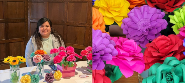 Hampshire student Nancy Constanza F20 selling her handmade paper flowers.