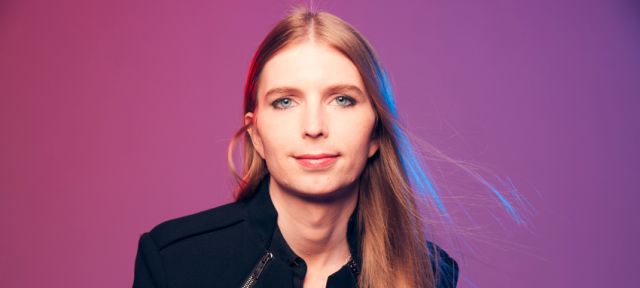Headshot of Chelsea E. Manning with a pink and purple background.