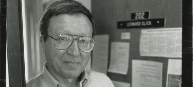 Leonard Glick standing in the doorway of his office