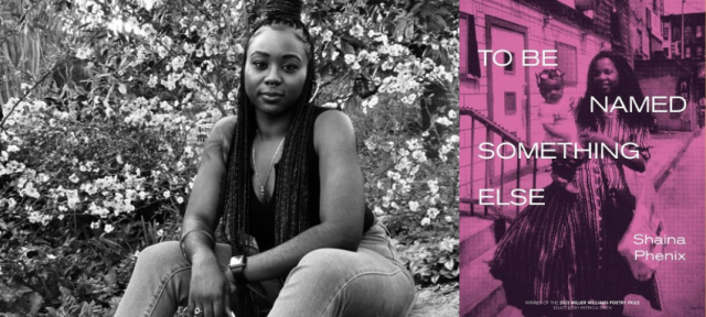 Author Shaina Jones sits in a black and white photo, beside it is the cover of her book "To Be Named Something Else."