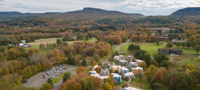 Drone campus shot of Hampshire College.