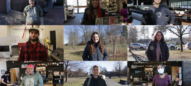 A compilation of still shots of students. There are three rows of three photos.