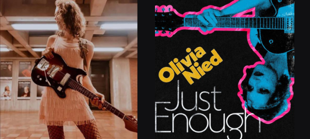 On the left: A photo of Olivia holding a guitar. On the right: The cover of Olivia's album "Just Enough."