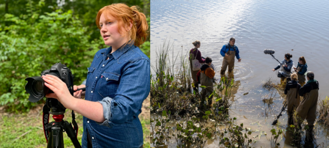 Left: Elizabeth Green holding a large camera. Right: A still from the doc "Reviving the Forgotten River"
