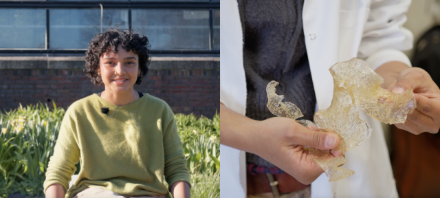 On the left: A photo of Nadja in a green sweater. On the right: A photo of Nadja holding her work.