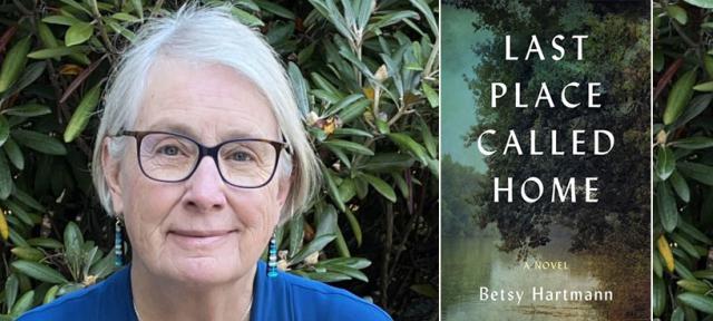 Betsy Hartmann and the cover of her book, Last Place Called Home