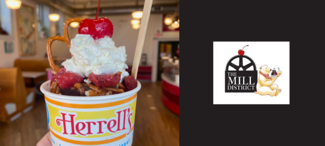 On the left is an ice cream in a cup with the Herrell's logo. On the right is the new logo for their Amherst location.