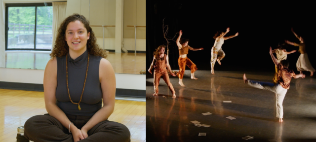 On the left: Yarrow sits cross-legged on the dance studio floor wearing a grey tank top. On the right: A still from Yarrow's dance performance, "This Medicine is Good."