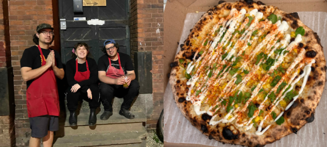 Left: Will and Co-Owners, Right: Corn Pizza