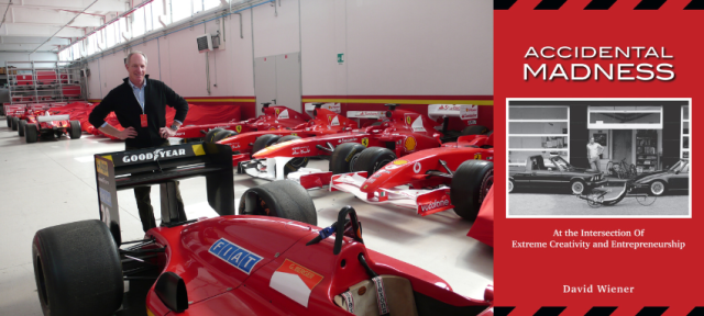 Left: Photo of David Wiener with Formula 1 cars. Right: Cover of ACCIDENTAL MADNESS