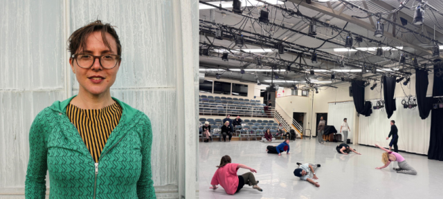Split image showing a dance professor and a rehearsal space. On the left, a person with short brown hair, glasses, and a green zip-up sweater stands smiling in front of a frosted glass wall. On the right, dancers are spread across a large studio floor in various poses during a class or rehearsal, with an audience observing from bleachers in the background. The room is brightly lit with exposed rigging and stage lights overhead.