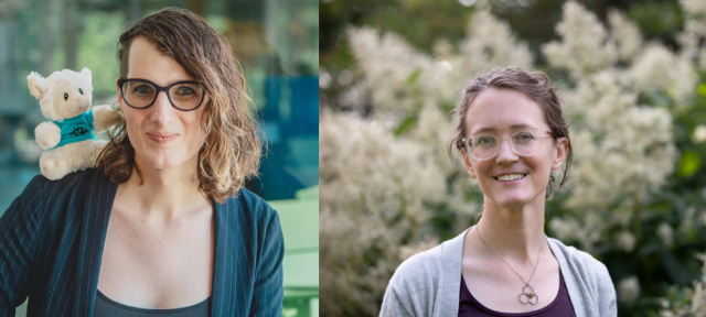 Two side by side headshots, one of a person with a small stuffed bear on her shoulder, the other a person standing outside in front of a flowering shrub.