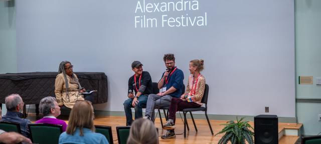 Zach Laliberte, Zan Gillies, and Lysandra Petersson being interviewed at the Alexandria Film Festival, November 2025.