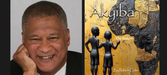 A close up of a person in a coat and tie leaning on his hand and smiling beside a book cover reading Akiba -- The Return by Robert Coles.