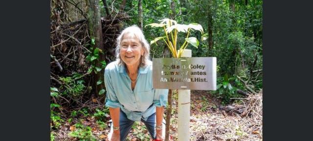 A person in a blue top smiling and standing outside among trees by a sign that reads "Phyllis D. Coley formerly/antes Am. Mus. Nat. Hist."