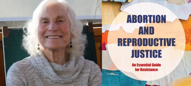 A person in a gray sweater smiling beside a book cover reading Marlene Fried, Loretta Ross, Abortion and Reproductive Justice: An Essential Guide For Resistance 