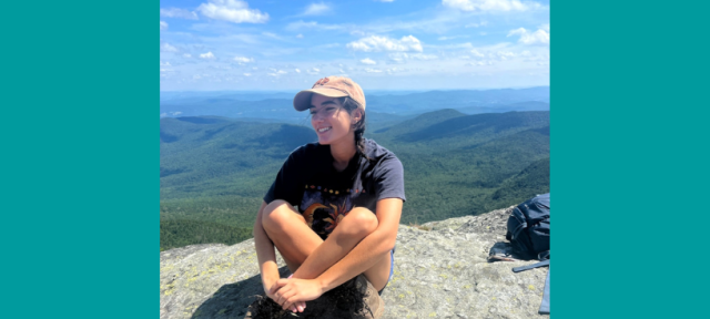 A person sitting on a rocky ground overlooking a dramatic natural vista. 