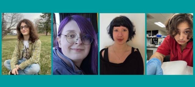 Four people depicted sitting in both outdoor and indoor locations in a horizontal grid of four photos.