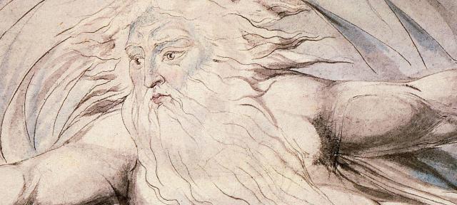 "Job Confessing his Presumption to God who Answers from the Whirlwind" by William Blake Crop of painting of God in clouds by William Blake