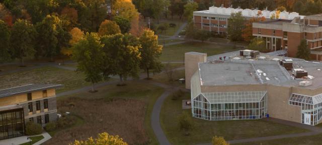 Aerial view of center of campus in autumn