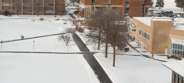 Center of Hampshire campus under a blanket of snow