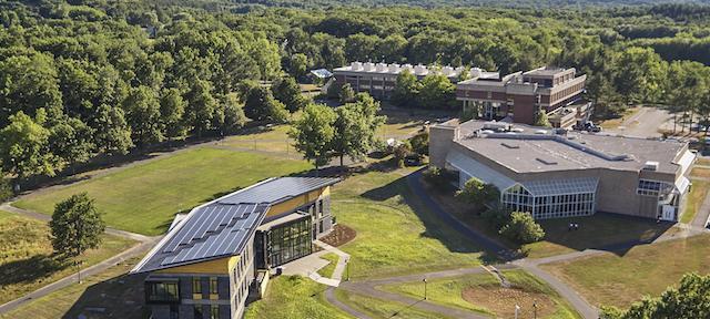 Kern Center aerial from a drone with Holyoke Mountain range behind