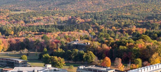 Aerial view of center of campus in autumn