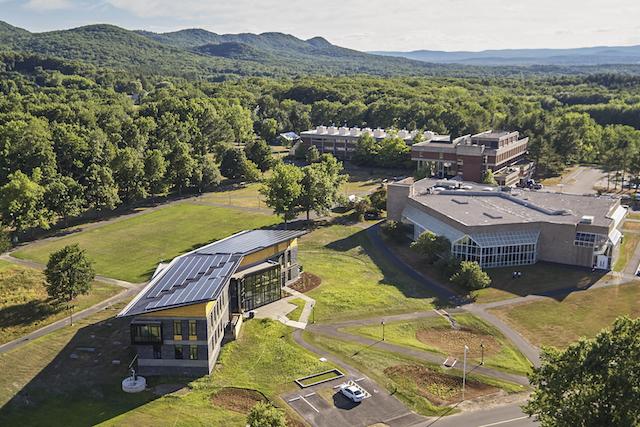 Kern Center aerial from a drone with Holyoke Mountain range behind