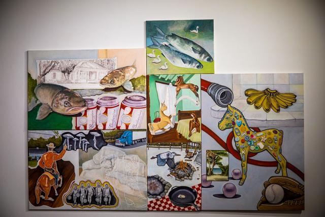 Paintings by Naomi Romm with fish and beer cans and more