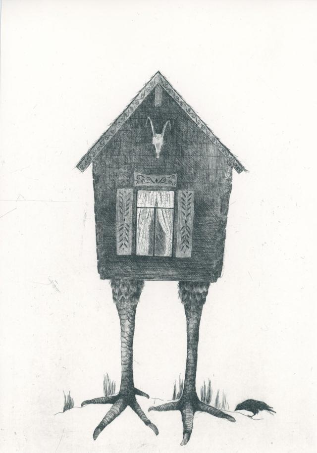 Etching with gouache hand-coloring from Baba Yaga by Sarah Horowitz