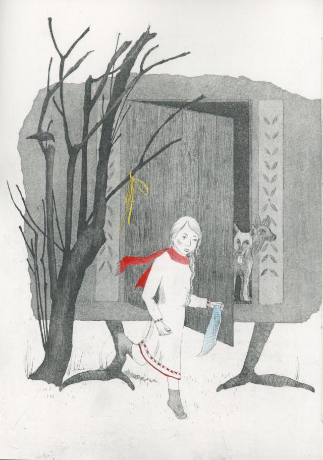 Baba Yaga etching with gouache hand-coloring by Sarah Horowitz