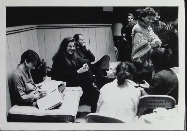 Joan Braderman in class, laughing