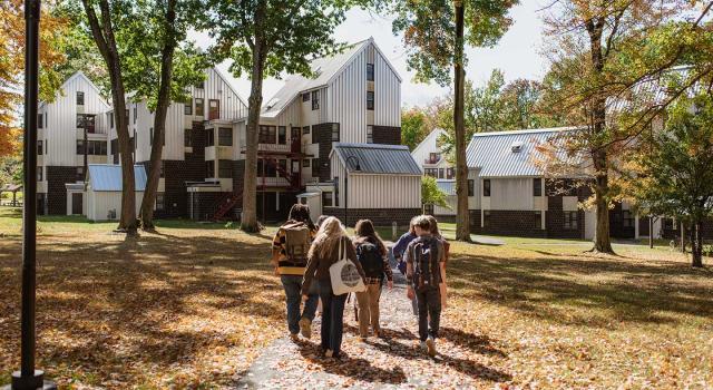 Students walking in the fall on campus.