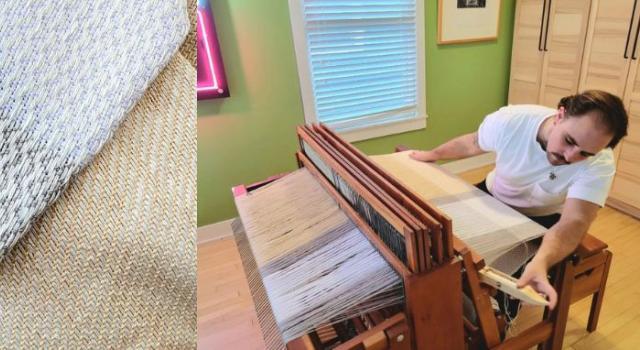 Alum Anders Zanichkowsky 04F weaving at a loom.