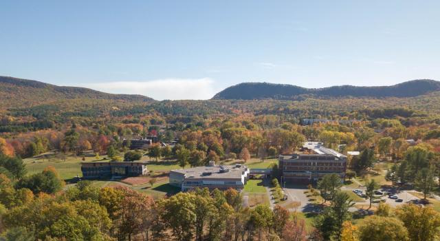 Drone shot of campus in the fall.