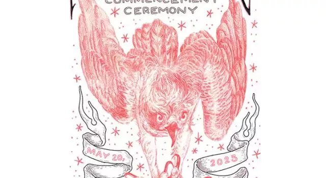 2023 Commencement Poster depicting a red bird with talons grasping a ribbon that says the date and location of Commencement. 