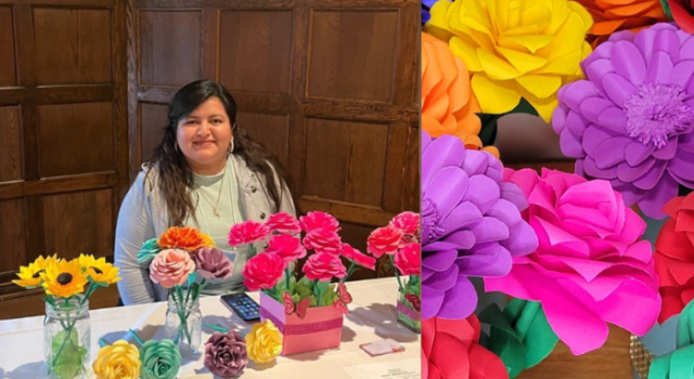 Hampshire student Nancy Constanza F20 selling her handmade paper flowers.