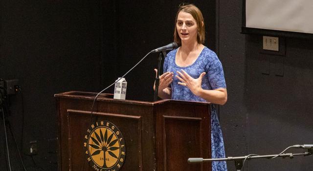 Montana Representative Zooey Zephyr standing at a podium speaking