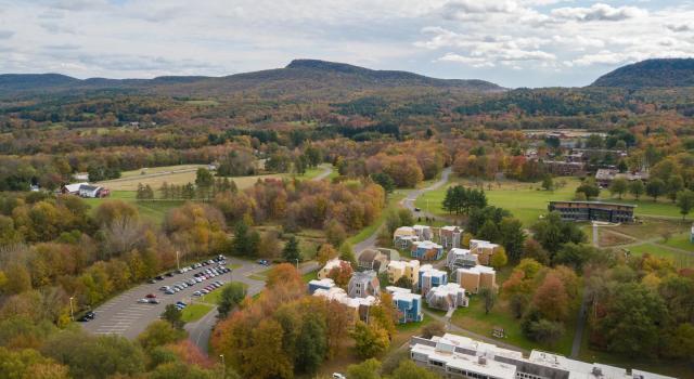 Drone campus shot of Hampshire College.