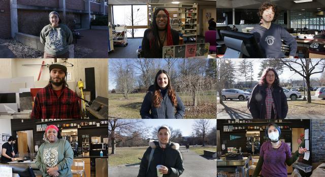 A compilation of still shots of students. There are three rows of three photos.