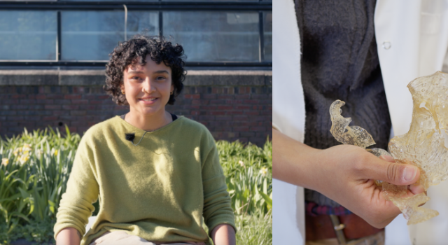 On the left: A photo of Nadja in a green sweater. On the right: A photo of Nadja holding her work.