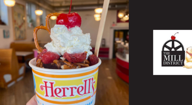 On the left is an ice cream in a cup with the Herrell's logo. On the right is the new logo for their Amherst location.